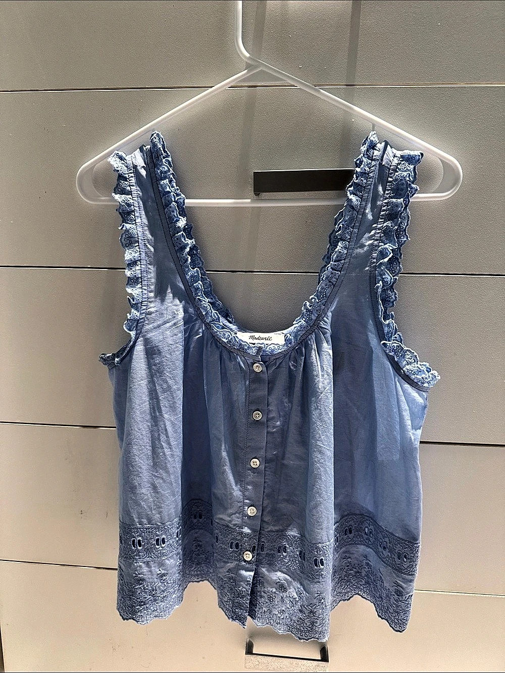 Madewell Eyelet Ruffle-Strap Button-Up Tank Top Blue XS